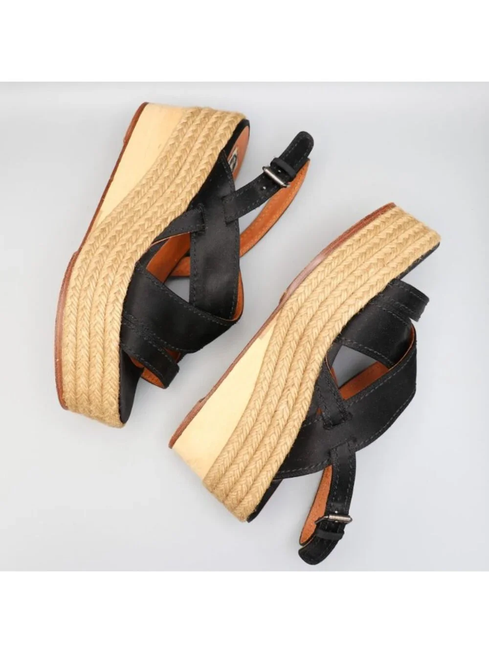 Lanvin Black Satin Platform Espadrille Wedge Sandals Spain Size 37 US 6.5
